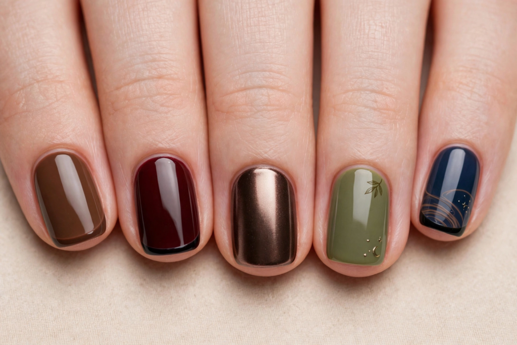 Short squoval fall October nails 2026 featuring a mixed autumn skittle manicure in warm brown, oxblood red, metallic bronze chrome, olive green with botanical art, and midnight blue with fine gold swirl lines.   