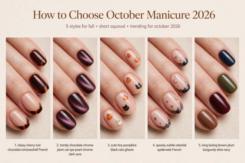 Short squoval fall October nails 2026 style guide comparing 5 autumn manicures: tortoiseshell French tips, velvet plum cat-eye, cute Halloween pumpkins and ghost art, celestial spiderweb tips, and a moody autumn skittle palette.   
