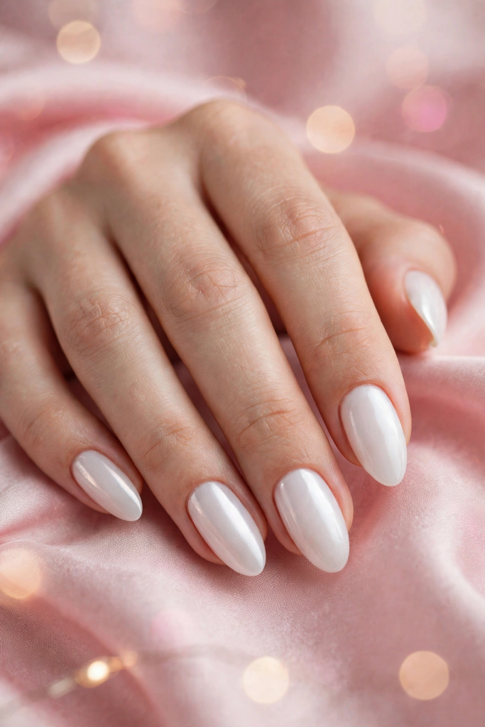 A hand showcasing glazed white chrome almond-shaped nails over draped pink fabric, featured as modern nail inspo 2026.