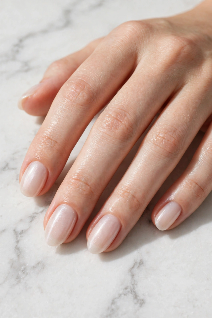 Clean girl sheer glazed nude oval manicure on a white marble background as nail inspo 2026.   