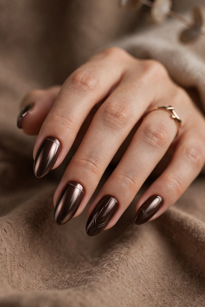 Rich metallic chocolate chrome almond nails with delicate line accents as nail inspo 2026.   