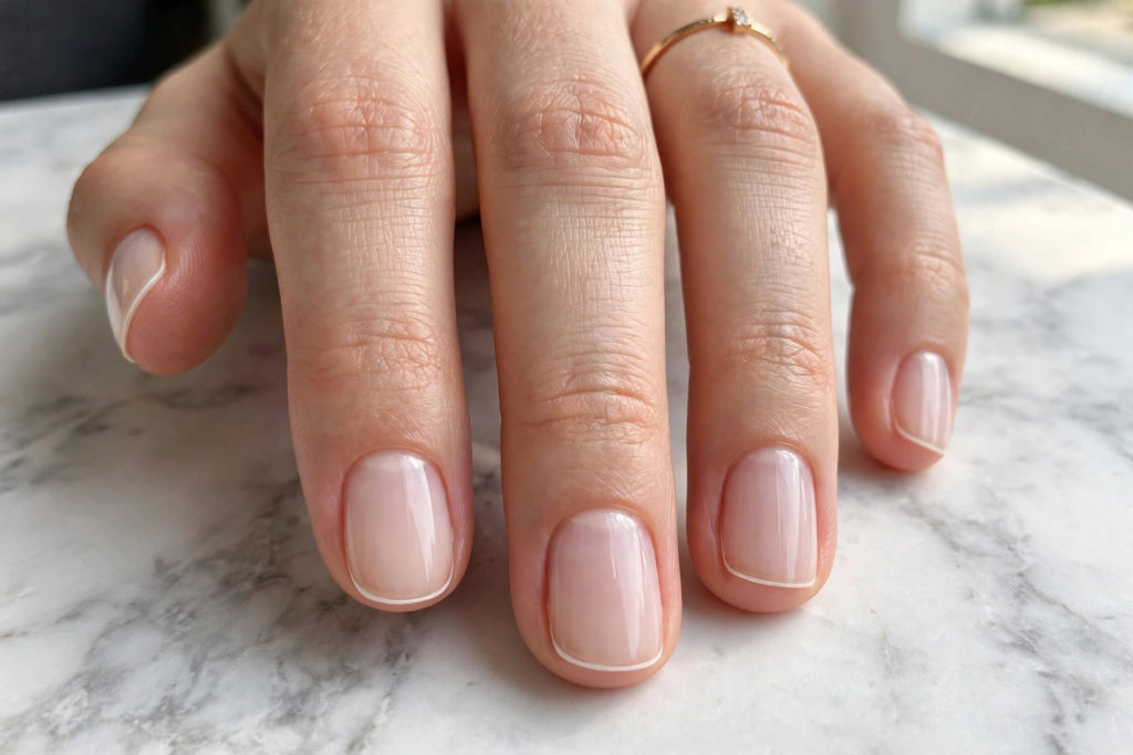 Minimalist micro French tip short square nails on a marble background as nail inspo 2026.   