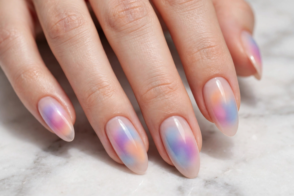 Pastel aura gradient almond nails with glossy finish on a marble surface as nail inspo 2026.   