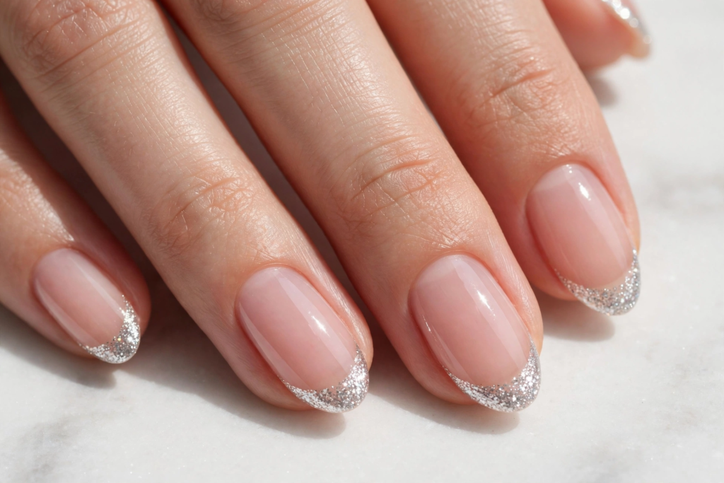 Sparkling silver glitter french nails ideas featuring glossy oval nude nails finished with shimmering metallic tips.   