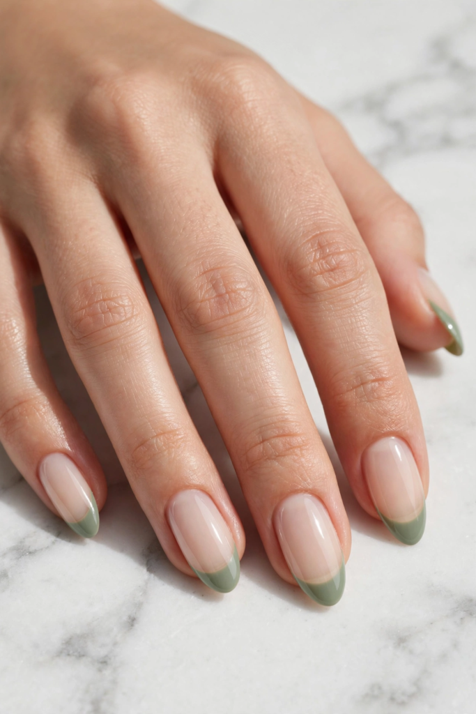 Sage green French tip almond nails on a white marble surface as nail inspo 2026.   
