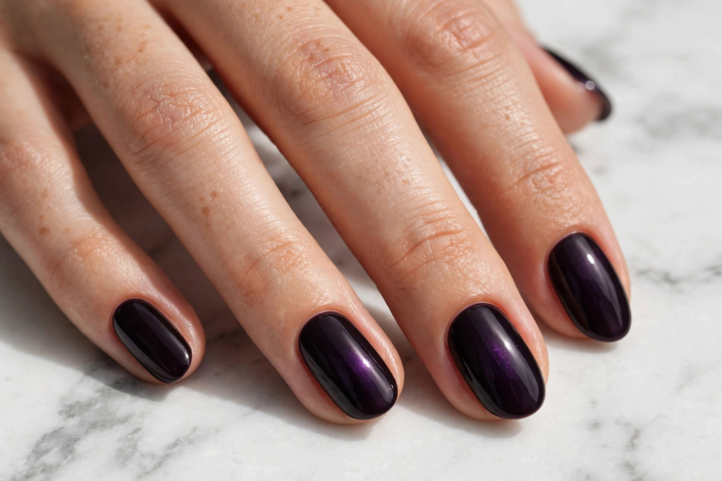 Glossy almost-black plum oval nails on a white marble background as nail inspo 2026.   