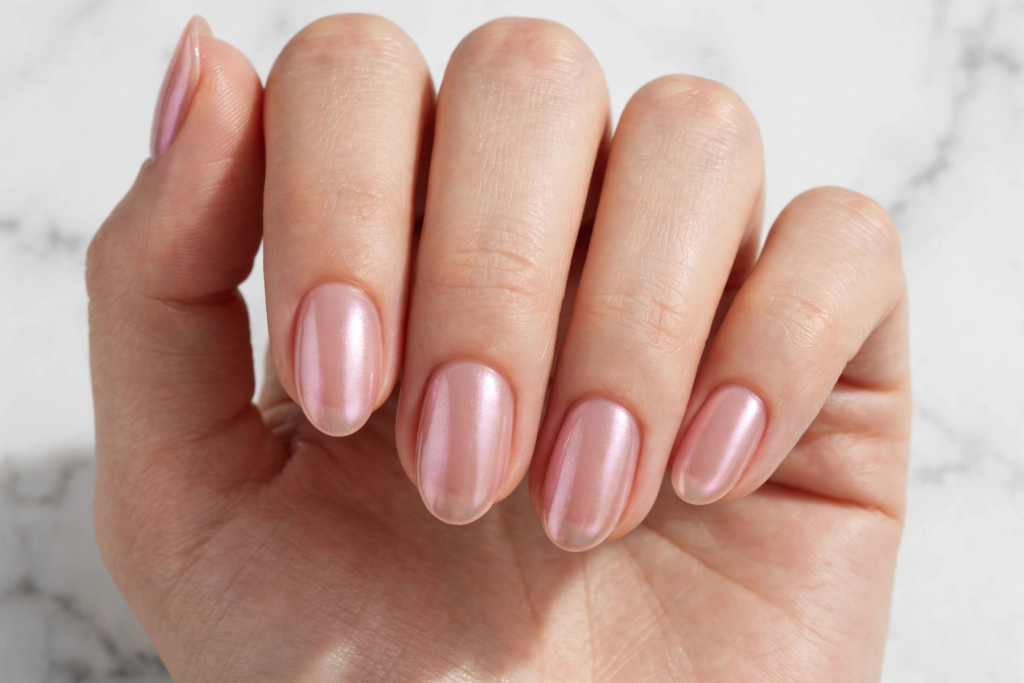 Glazed baby pink pearl chrome almond nails on marble background as nail inspo 2026.   