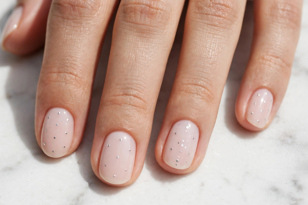.A hand resting on a white marble background showing clean, sheer milky pink short rounded nails accented with delicate silver dot nail art for subtle nail inspo 2026.   