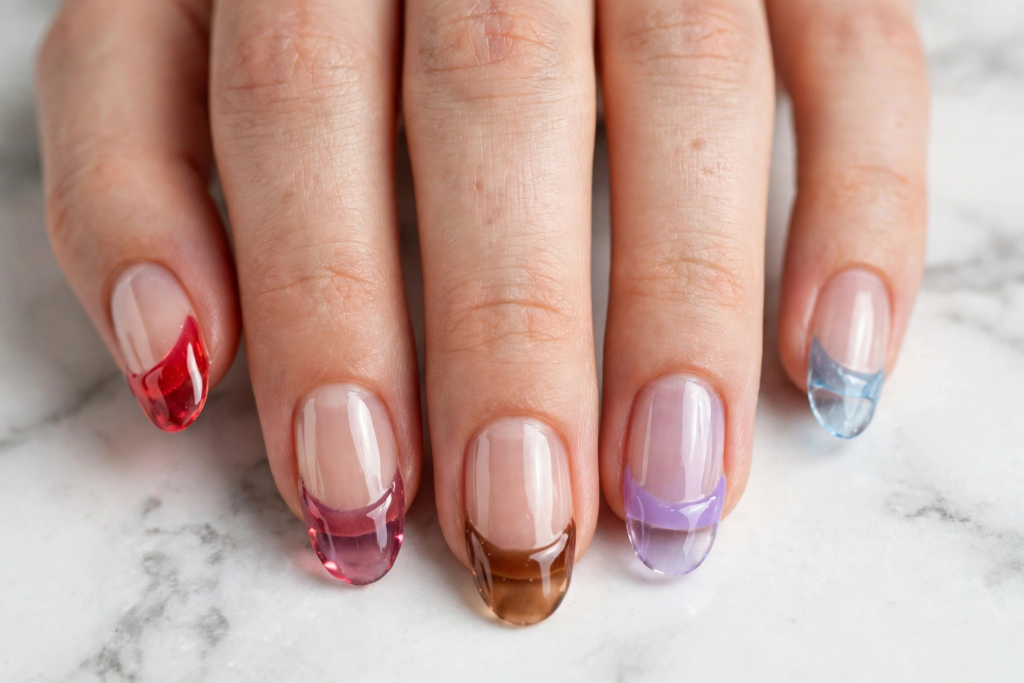 Translucent colorful 3D jelly French tip oval nails on a marble background as nail inspo 2026.   