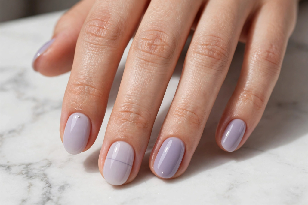 Glossy lavender lilac oval nails with minimalist line and dot accents on marble as nail inspo 2026.   