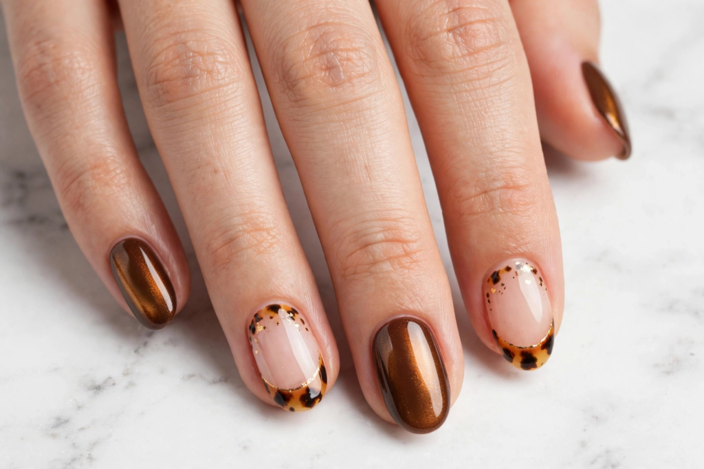 Amber cat-eye and tortoiseshell French tip oval nails on a marble background as nail inspo 2026.   