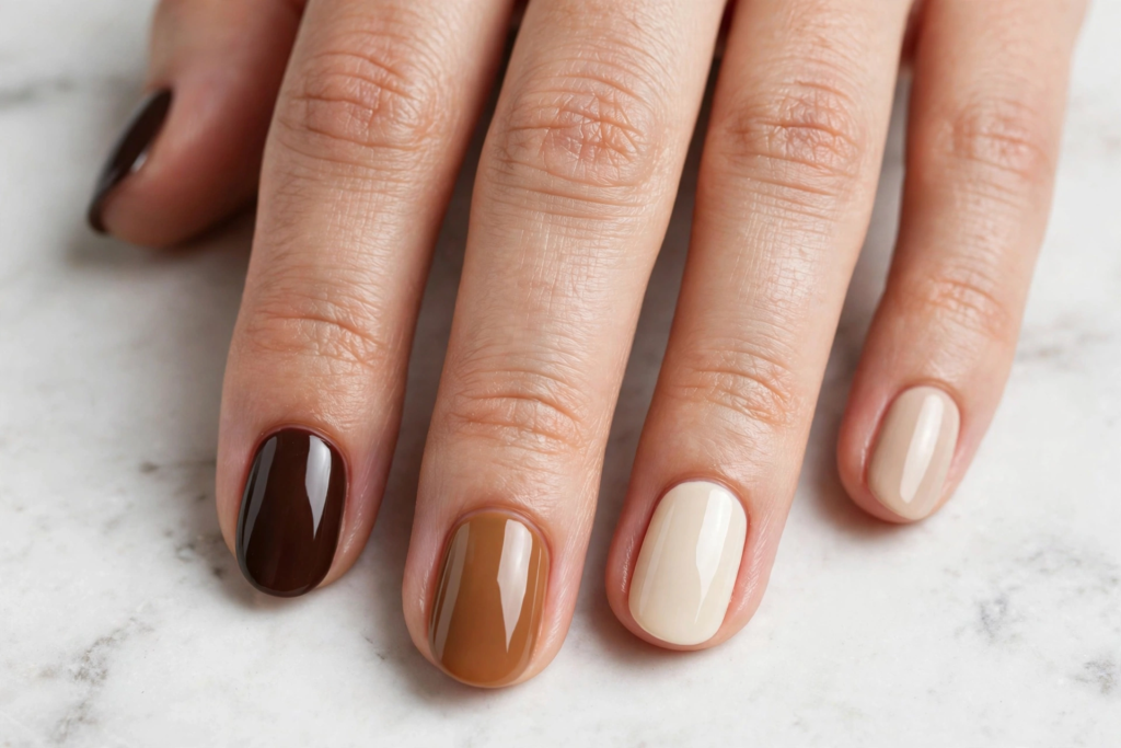 Neutral gradient skittle manicure with glossy brown, caramel, cream, and beige oval nails as nail inspo 2026.   