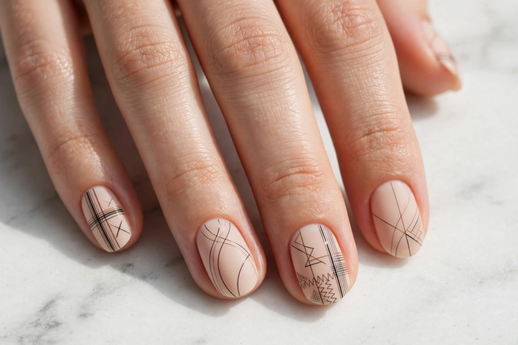 Matte nude short oval nails with fine black geometric line art on marble as nail inspo 2026.   