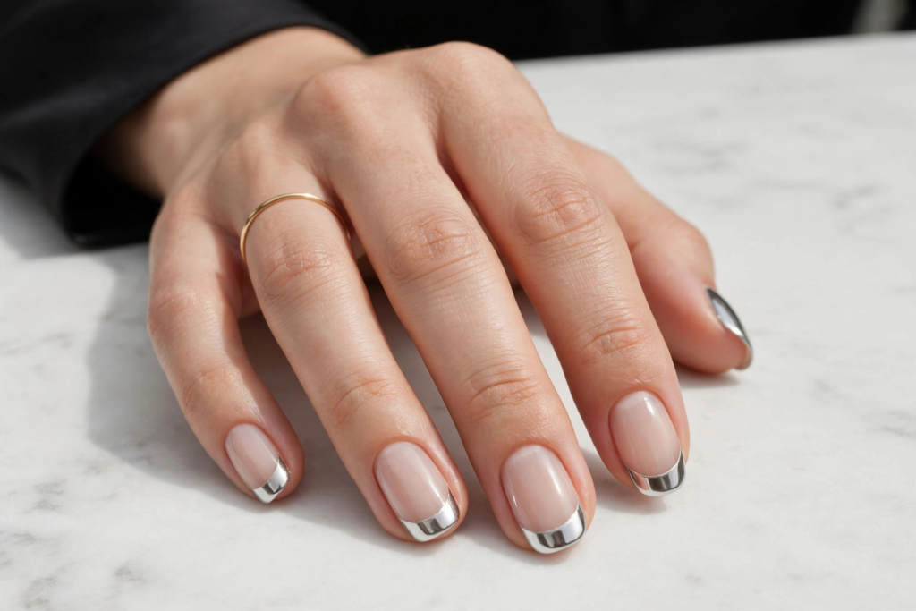 Futuristic chrome french nails ideas featuring glossy squoval nude nails with high-shine metallic silver tips.   