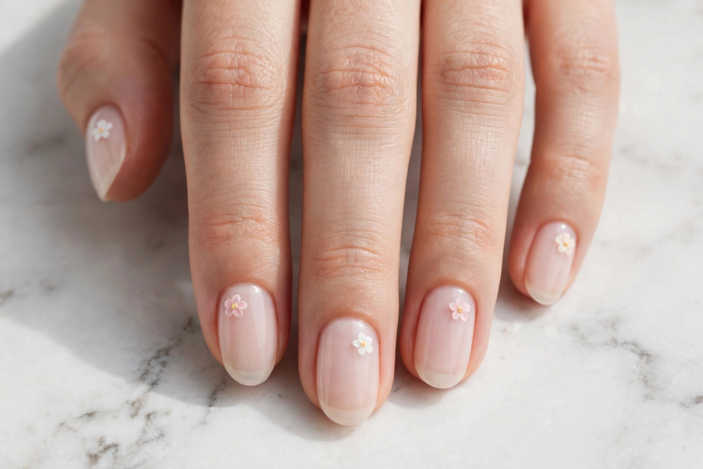 Sheer milky nude oval nails with delicate tiny floral accents on marble as nail inspo 2026.   