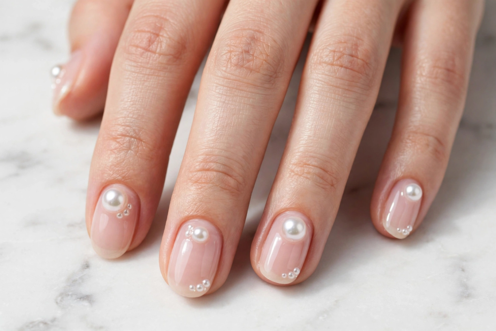 Sheer nude glossy oval nails embellished with delicate pearl studs on marble as nail inspo 2026.   