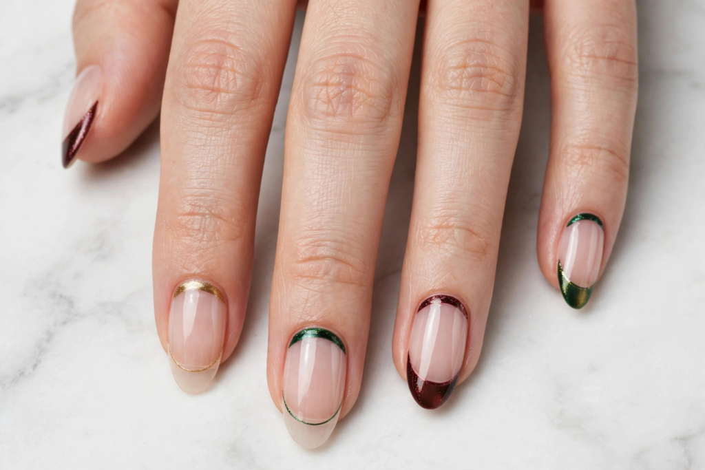 Sheer nude oval nails with metallic jewel-tone emerald, burgundy, and gold cuticle cuffs on marble as nail inspo 2026.   