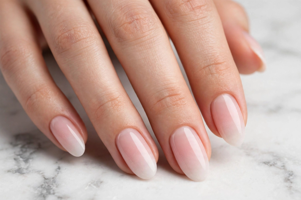 Glossy baby boomer sheer pink and milky white ombré oval nails on marble as nail inspo 2026.   