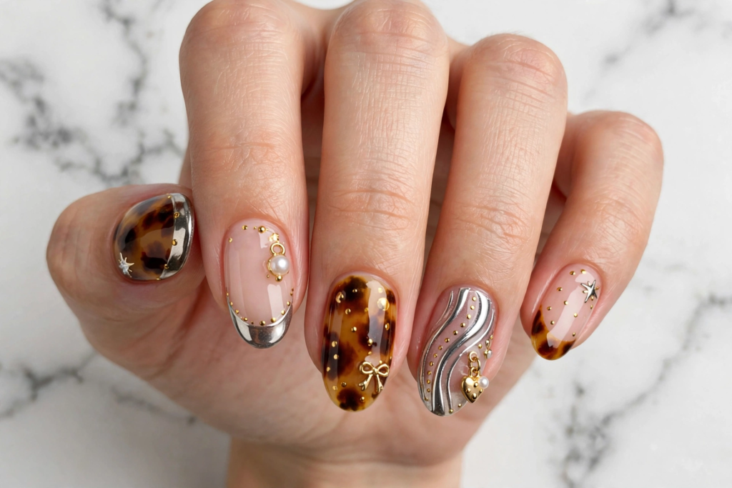Tortoiseshell and 3D metallic chrome oval nails with charms and pearl accents as nail inspo 2026.   