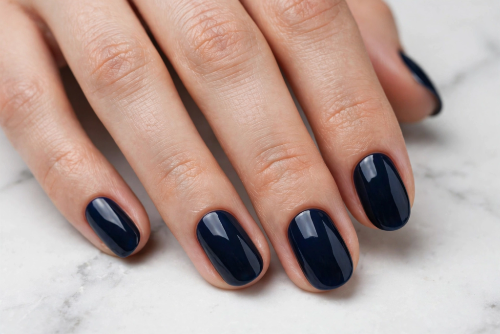 Glossy deep midnight navy blue oval nails on a marble background as nail inspo 2026.   