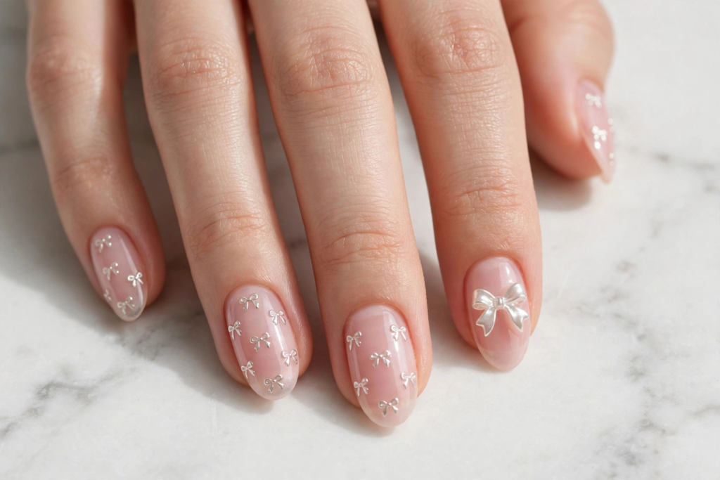 Coquette sheer pink oval nails with silver bow nail art on marble as nail inspo 2026.   
