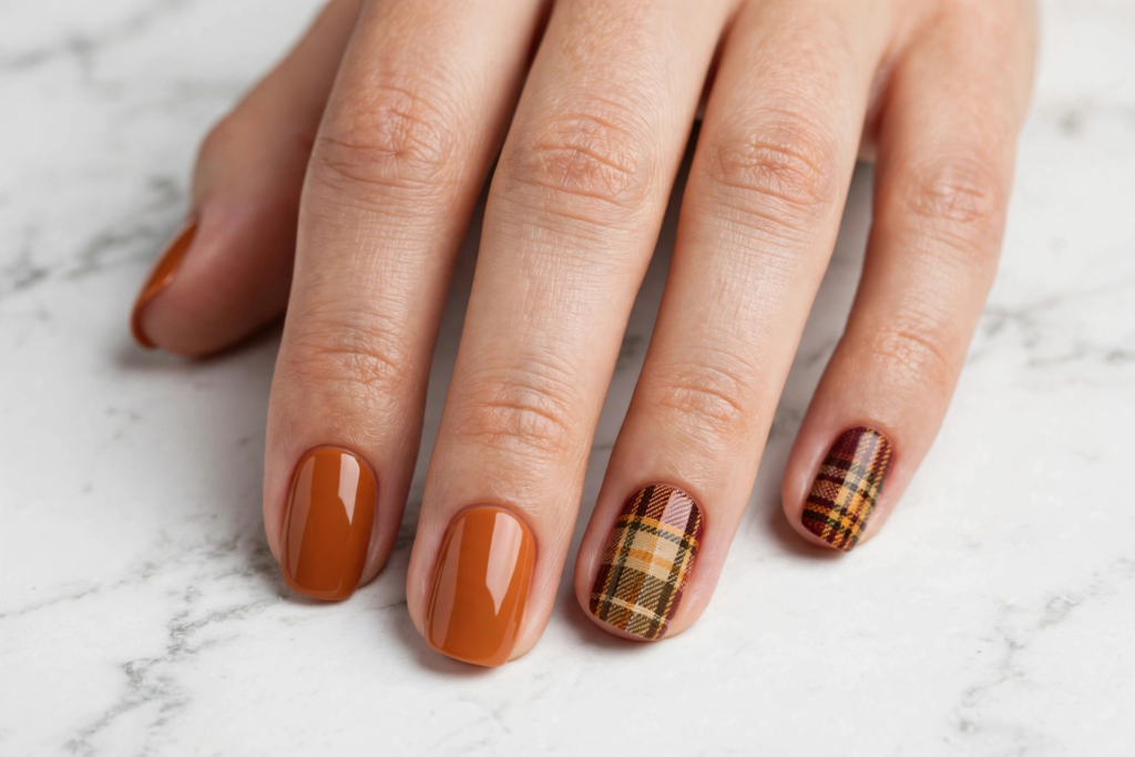 Warm pumpkin spice caramel nails with cozy autumn tartan plaid accent art as nail inspo 2026.   