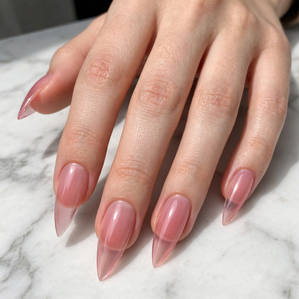 Glossy sheer blush pink glass stiletto nails on a marble background as nail inspo 2026.   