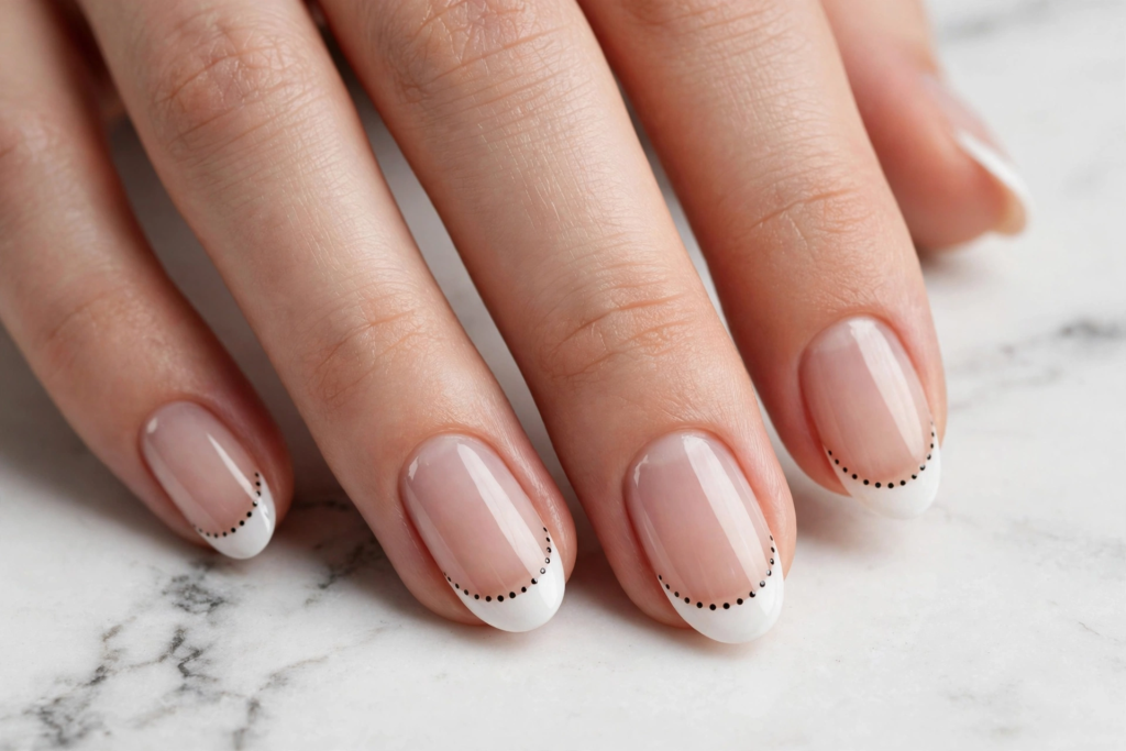 Dotted french nails ideas featuring glossy oval nude nails accented with crisp white tips and delicate black micro-polka-dot outlines.   