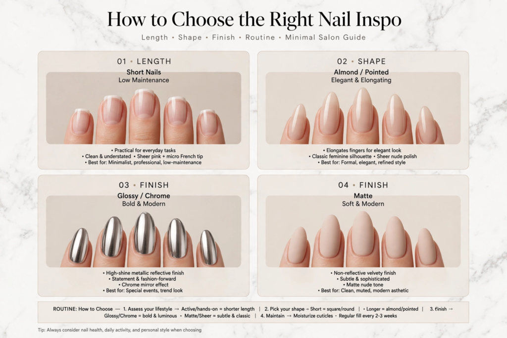 Infographic guide on how to choose nail length, shape, and finish for modern nail inspo 2026.   