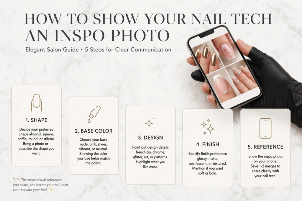 Infographic guide on 5 steps to show your nail tech an inspo photo for nail inspo 2026.   