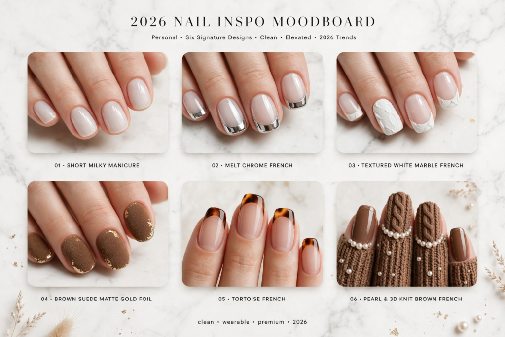 Aesthetic 2026 nail inspo moodboard showcasing six trendy manicure styles on marble.   