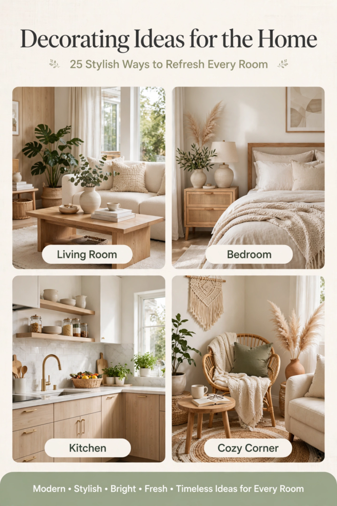Decorating Ideas for the Home: 25 Stylish Ways to Refresh Every Room Collage of modern decorating ideas for the home showing neutral-toned living room, bedroom, kitchen, and cozy corner designs.