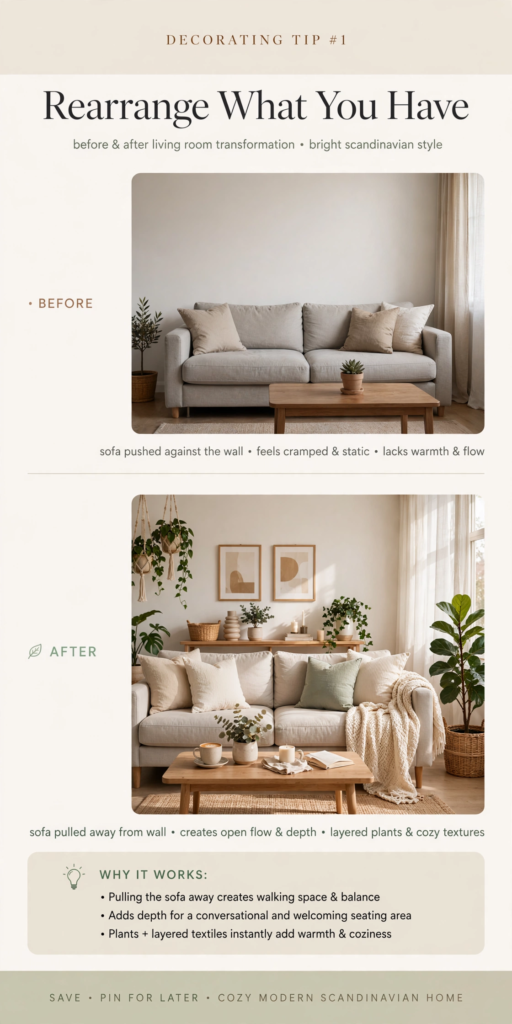 Decorating Ideas for the Home: 25 Stylish Ways to Refresh Every Room Scandinavian decorating ideas for the home showing a before-and-after living room transformation achieved by rearranging furniture.