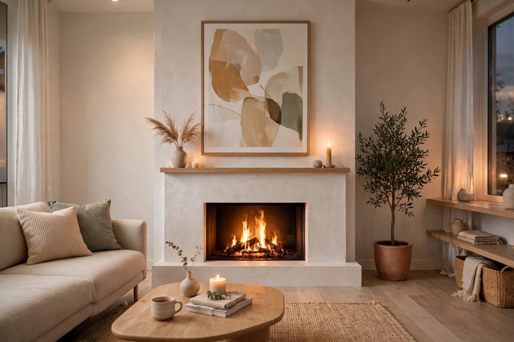 Decorating Ideas for the Home: 25 Stylish Ways to Refresh Every Room Cozy living room decorating ideas for the home featuring a modern fireplace, warm candlelight, and neutral wall art.