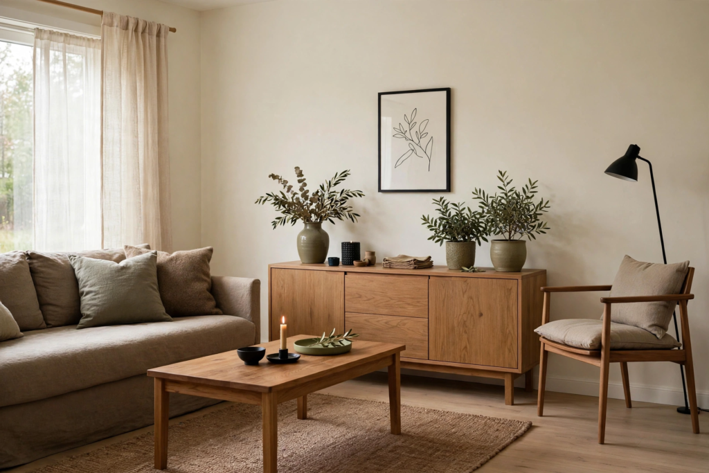 Decorating Ideas for the Home: 25 Stylish Ways to Refresh Every Room Decorating ideas for the home featuring a Scandinavian living room with a wooden sideboard, linen sofa, and botanical wall art.