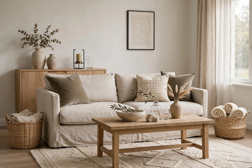 Decorating Ideas for the Home: 25 Stylish Ways to Refresh Every Room Decorating ideas for the home featuring a cozy living room with a slipcovered linen sofa, rustic wooden coffee table, and woven storage baskets.