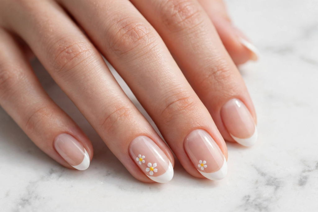 Cute floral daisy french nails ideas featuring glossy oval nude nails with classic white tips and delicate flower nail art.   