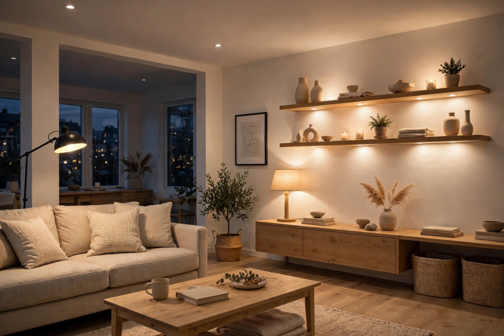 Decorating Ideas for the Home: 25 Stylish Ways to Refresh Every Room Cozy decorating ideas for the home featuring ambient living room lighting, illuminated floating shelves, and wooden furniture.