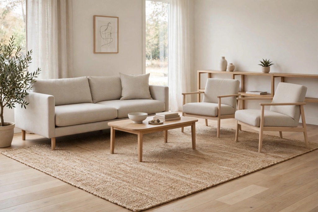 Decorating Ideas for the Home: 25 Stylish Ways to Refresh Every Room Minimalist decorating ideas for the home featuring an airy Scandinavian living room with a neutral sofa, wood-framed armchairs, and a large jute rug.