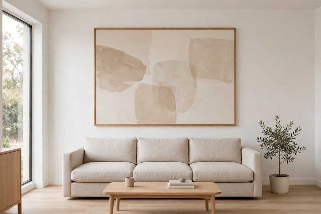 Decorating Ideas for the Home: 25 Stylish Ways to Refresh Every Room Minimalist decorating ideas for the home featuring an oversized framed abstract wall art print above a neutral beige sofa.