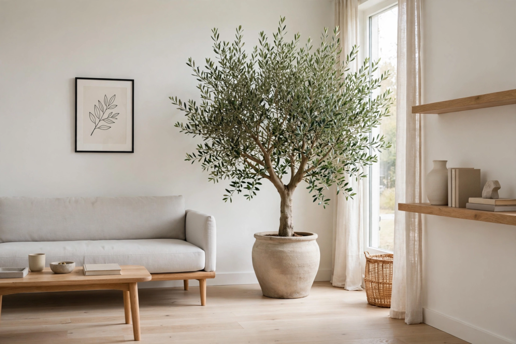 Decorating Ideas for the Home: 25 Stylish Ways to Refresh Every Room Decorating ideas for the home featuring a large indoor potted olive tree in a bright, minimalist living room.