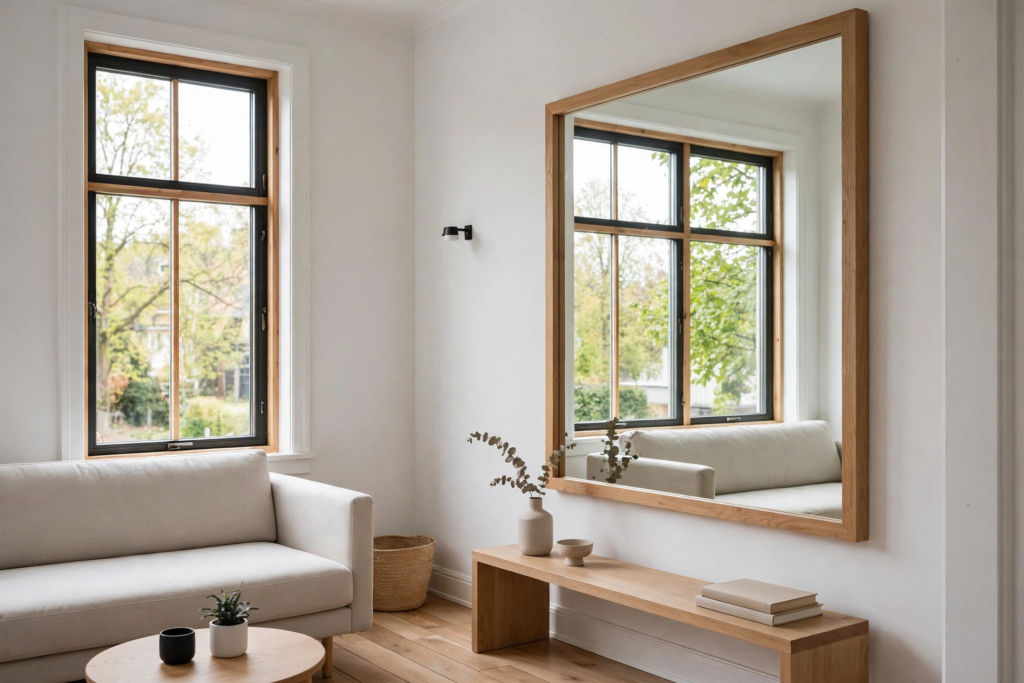 Decorating Ideas for the Home: 25 Stylish Ways to Refresh Every Room Bright living room decorating ideas for the home featuring a large oak-framed wall mirror reflecting natural window light.