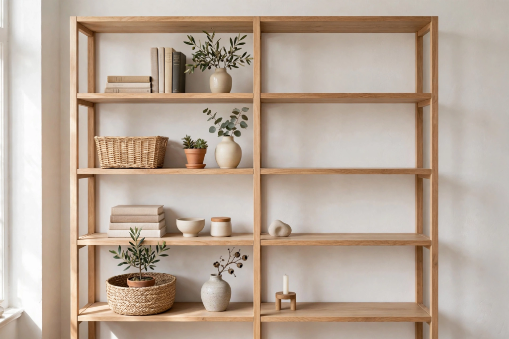 Decorating Ideas for the Home: 25 Stylish Ways to Refresh Every Room Bookshelf decorating ideas for the home featuring open oak shelving styled with books, ceramic vases, and woven baskets.