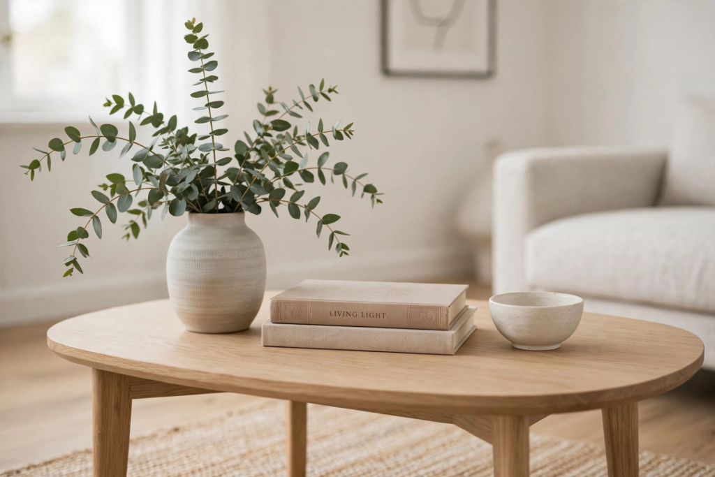 Decorating Ideas for the Home: 25 Stylish Ways to Refresh Every Room Coffee table decorating ideas for the home featuring fresh eucalyptus branches in a ceramic vase, stacked books, and a small bowl.