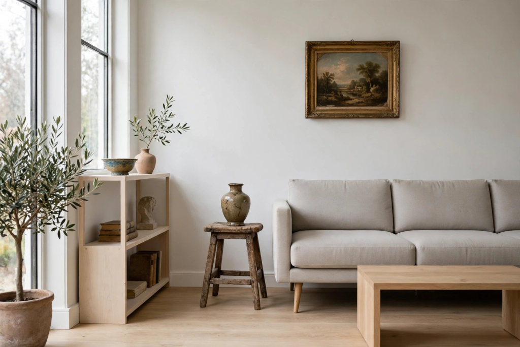 Decorating Ideas for the Home: 25 Stylish Ways to Refresh Every Room Vintage decorating ideas for the home featuring a framed oil landscape painting, rustic wooden stool, and neutral living room seating.
