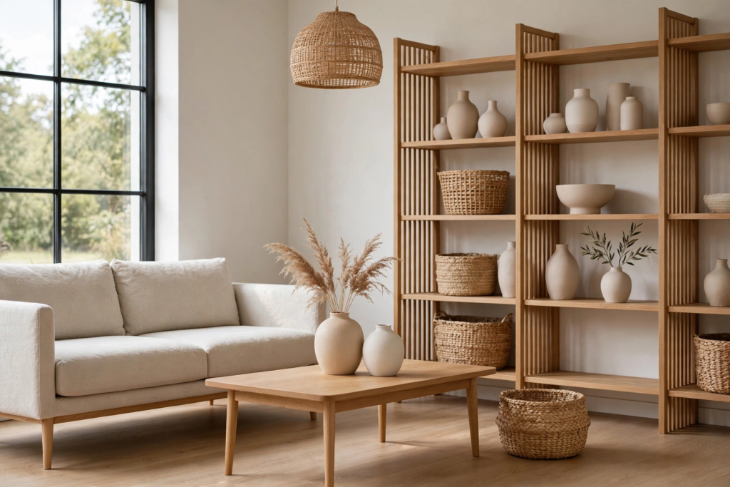 Decorating Ideas for the Home: 25 Stylish Ways to Refresh Every Room Boho-neutral decorating ideas for the home featuring a slatted wood bookcase, rattan pendant light, and cozy living room seating.