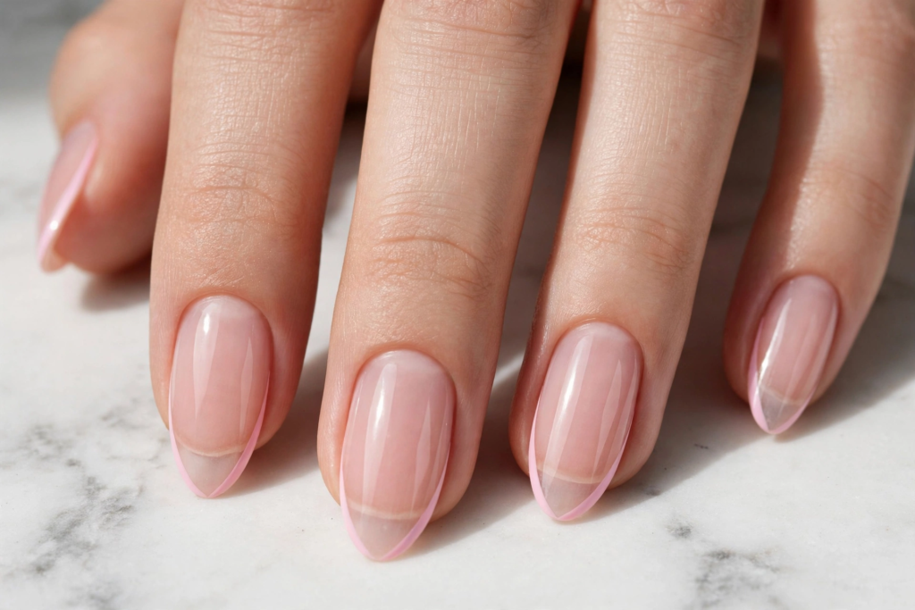 Minimalist french nails ideas featuring glossy almond-shaped nude nails with delicate baby pink outline chevron tips.   