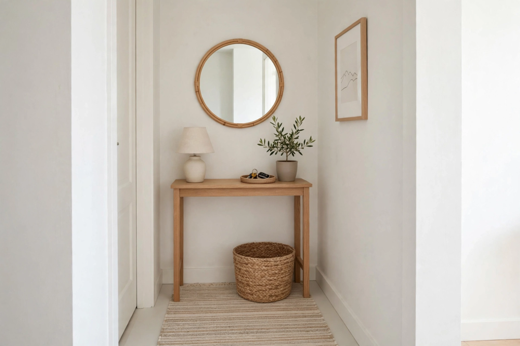 Decorating Ideas for the Home: 25 Stylish Ways to Refresh Every Room Entryway decorating ideas for the home featuring a wooden console table, round wall mirror, and woven storage basket.