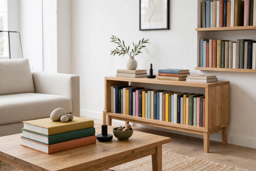 Decorating Ideas for the Home: 25 Stylish Ways to Refresh Every Room Colorful bookshelf decorating ideas for the home featuring a low wood bookcase and coffee table styled with color-blocked books.