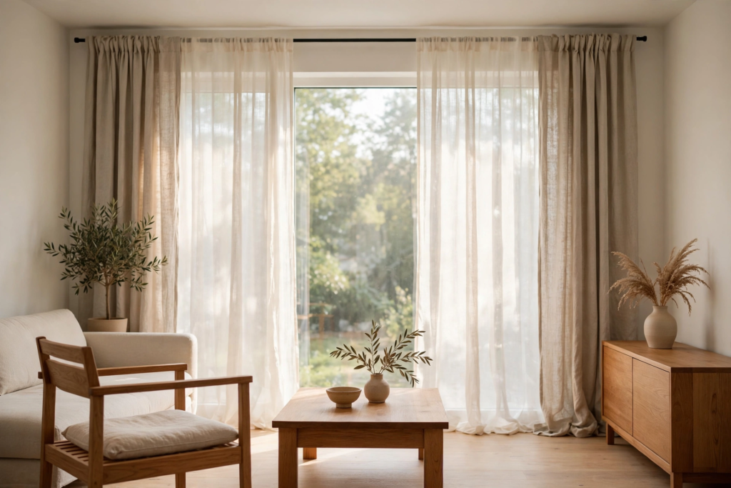 Decorating Ideas for the Home: 25 Stylish Ways to Refresh Every Room Window decorating ideas for the home featuring floor-to-ceiling sheer linen curtains in a sunlit living room.